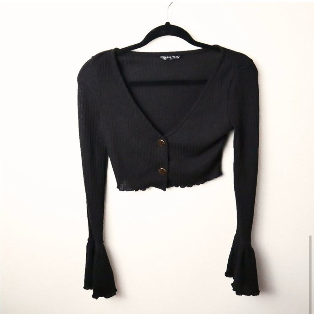 SHEIN Black Bell Sleeve Knit Top Size XSmall Cropped